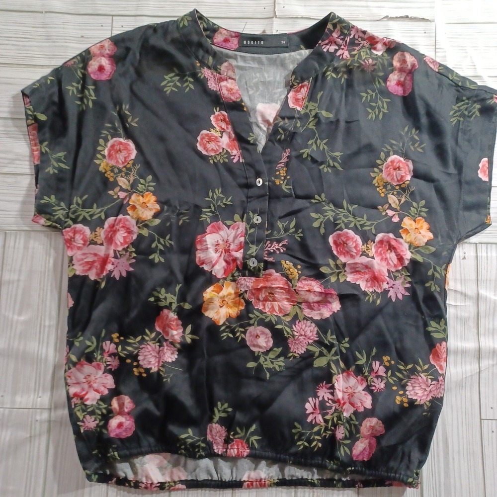Mohito Women Floral V-Neck Blouse Black Pink Short Sleeve Elastic Hem Size 34